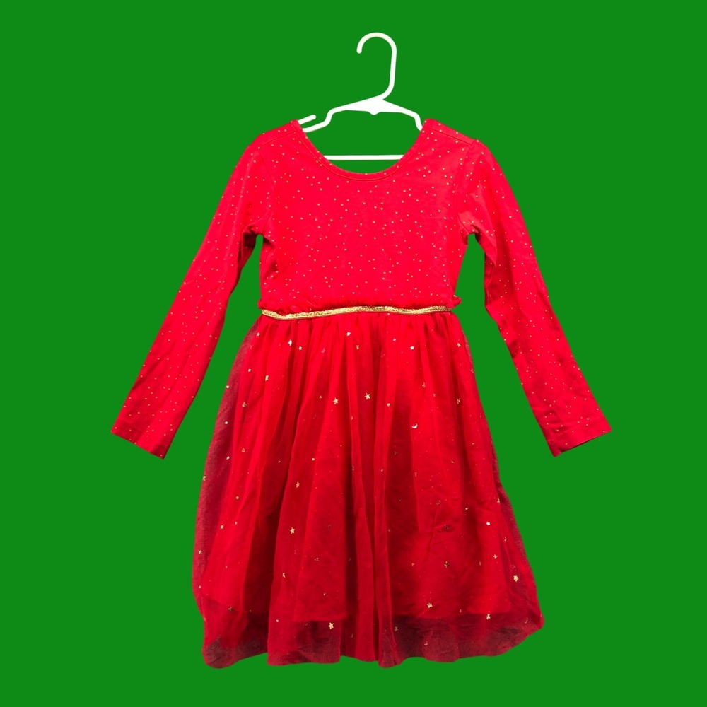 Hanna Andersson Girls 5T Red Holiday Dress Long Sleeve Tulle Gold Star Christmas